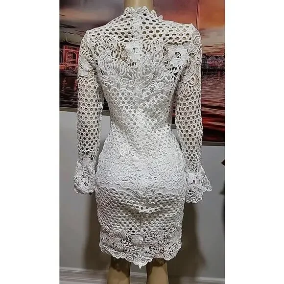 EILLY BAZAR White Guipure Lace Size M Women's Dress Flounce Sleeve NEW #C - Picture 7 of 10